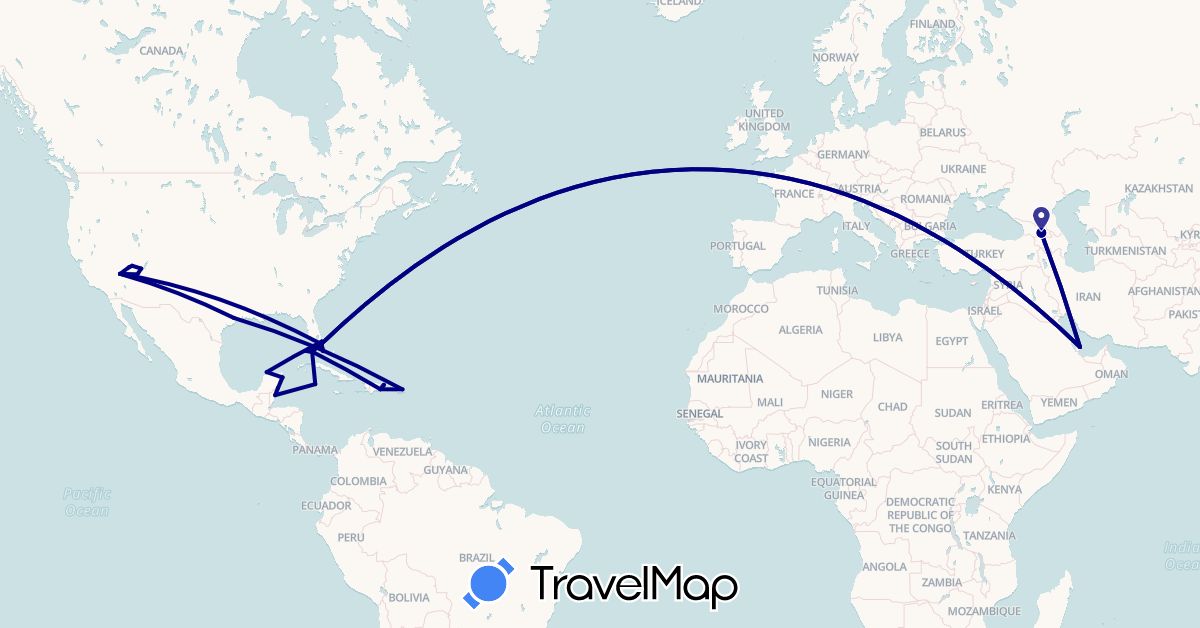 TravelMap itinerary: driving in Bahamas, Belize, Dominican Republic, Georgia, Cayman Islands, Mexico, Puerto Rico, Qatar, United States (Asia, North America)